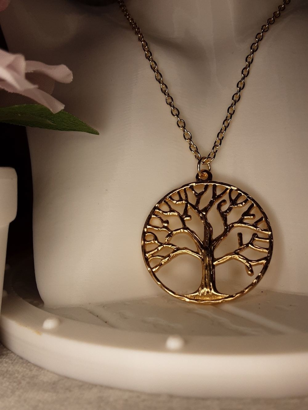 Handmade Gold Tone Tree of Life Pendant Necklace - 18.5" Long Chain